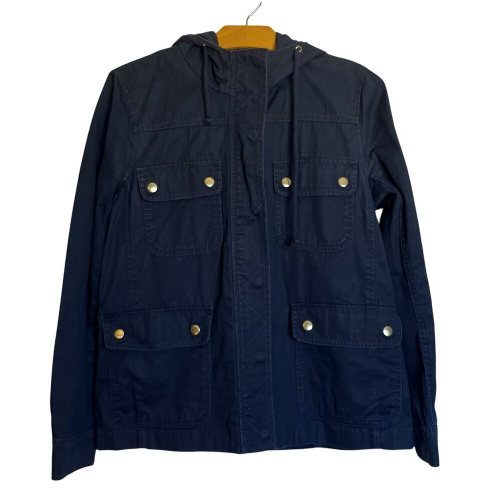 J. Crew Resin Coated Twill Jacket Hooded Zip Blue Chore Coat Barn Utility Size M